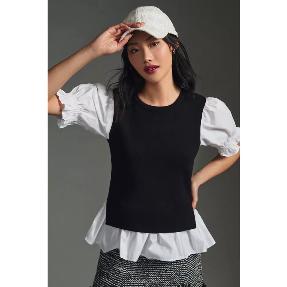 Anthropologie Black and White Puff Sleeve Blouse